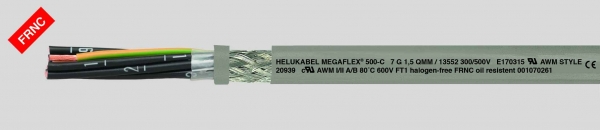 MEGAFLEX® 500-C, безгалогеновый, трудновоспламеняемый, маслостойкий, устойчивый к УФ-излучению, гибкий, экранированный, с разметкой метража, ЭМС